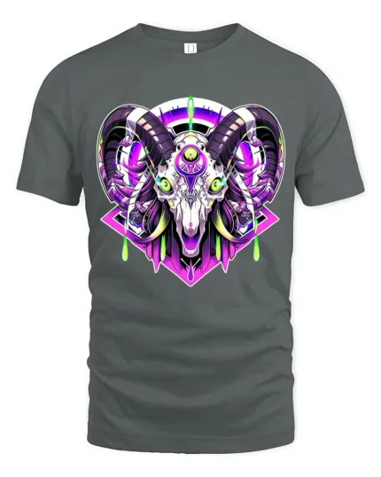Cyber Ram Skull T-Shirt Neon Goat Head Graphic Tee for Alternative Fashion - gray t-shirt on white background