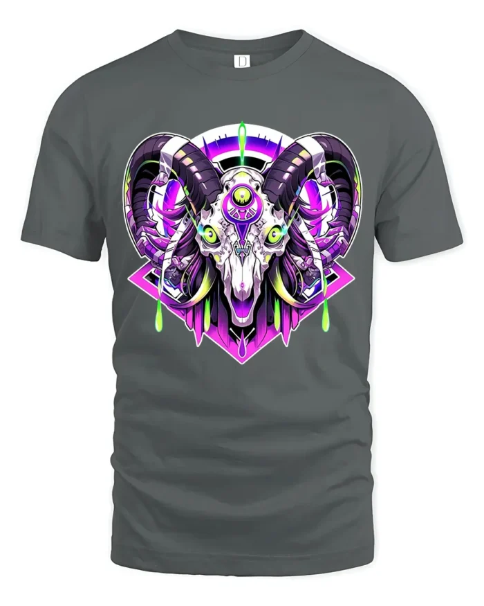 Cyber Ram Skull T-Shirt Neon Goat Head Graphic Tee for Alternative Fashion - gray t-shirt on white background