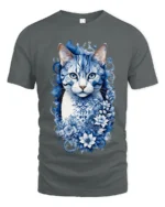 Azure Floral Cat Tee Elegant Blue Kitten with Flowers T-Shirt for Cat People - gray t-shirt on white background