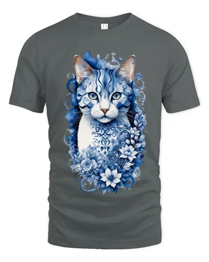 Azure Floral Cat Tee Elegant Blue Kitten with Flowers T-Shirt for Cat People - gray t-shirt on white background
