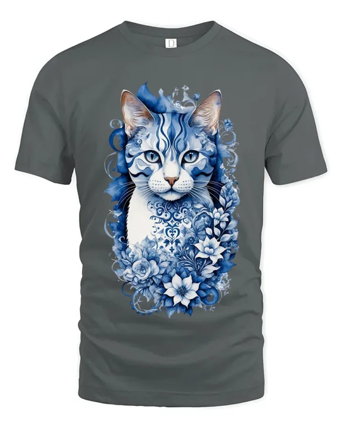 Azure Floral Cat Tee Elegant Blue Kitten with Flowers T-Shirt for Cat People - gray t-shirt on white background