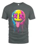 Melting Smiley Face Tee Colorful Dripping Emoji T-Shirt for Fun Style - gray t-shirt on white background