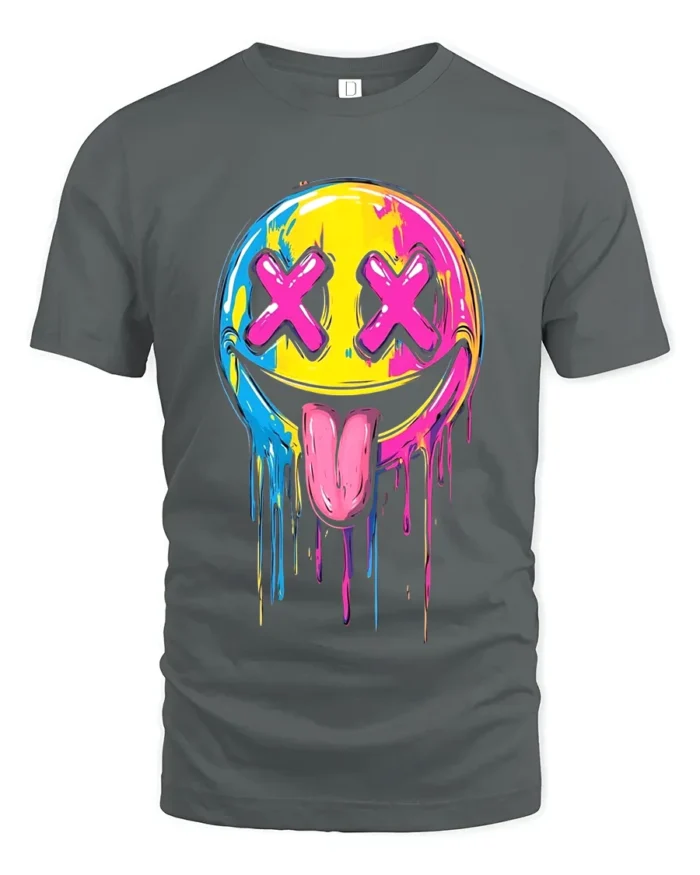 Melting Smiley Face Tee Colorful Dripping Emoji T-Shirt for Fun Style - gray t-shirt on white background