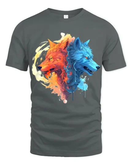 Fire and Ice Wolves T-Shirt Dual Wolf Spirit Graphic Tee for Bold Style - gray t-shirt on white background