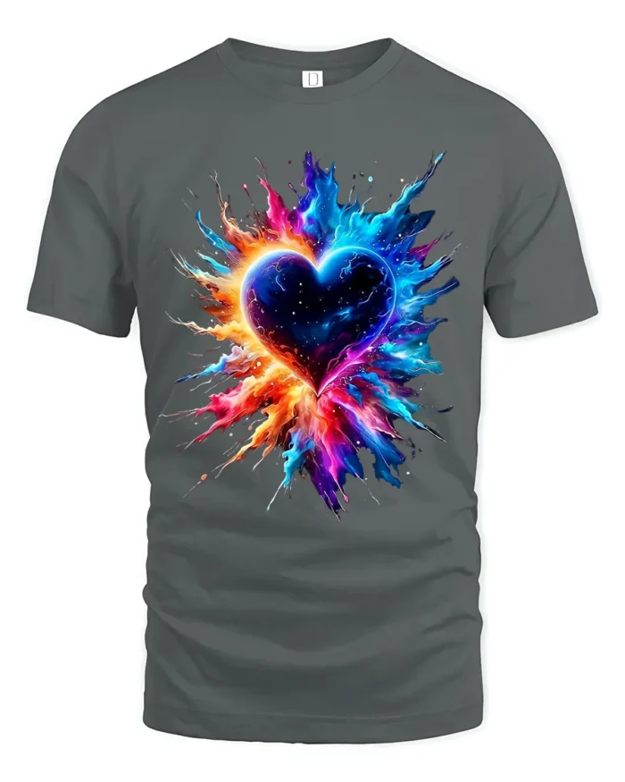 Exploding Heart Tee Vibrant Colorful Love T-Shirt for Passionate Souls - gray t-shirt on white background