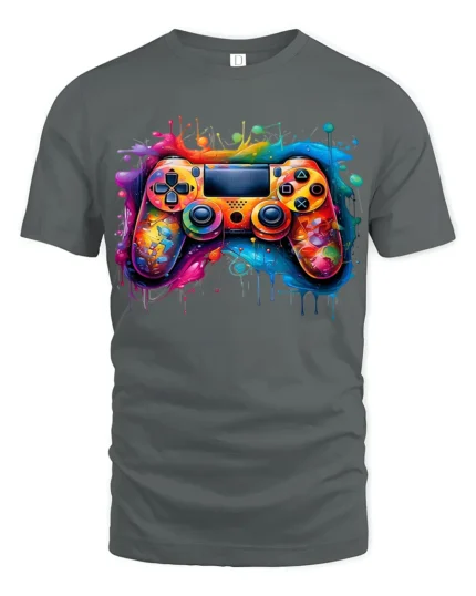 Splash Gamer Tee Vibrant Colorful Controller T-Shirt for Video Game Fans - gray t-shirt on white background