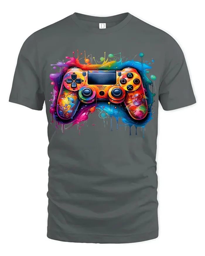 Splash Gamer Tee Vibrant Colorful Controller T-Shirt for Video Game Fans - gray t-shirt on white background