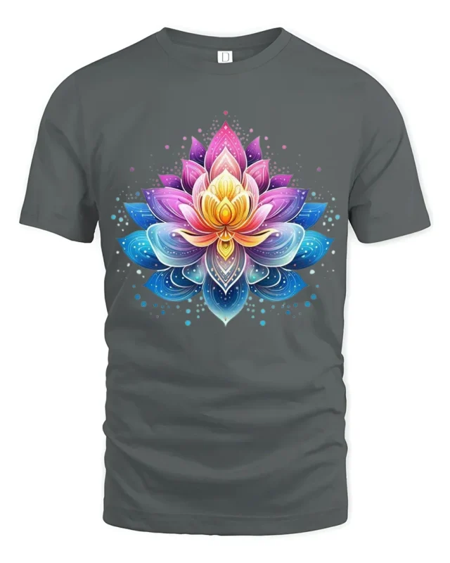 Gradient Lotus Tee Vibrant Ombre Flower T-Shirt for Yoga Zen Meditation - gray t-shirt on white background