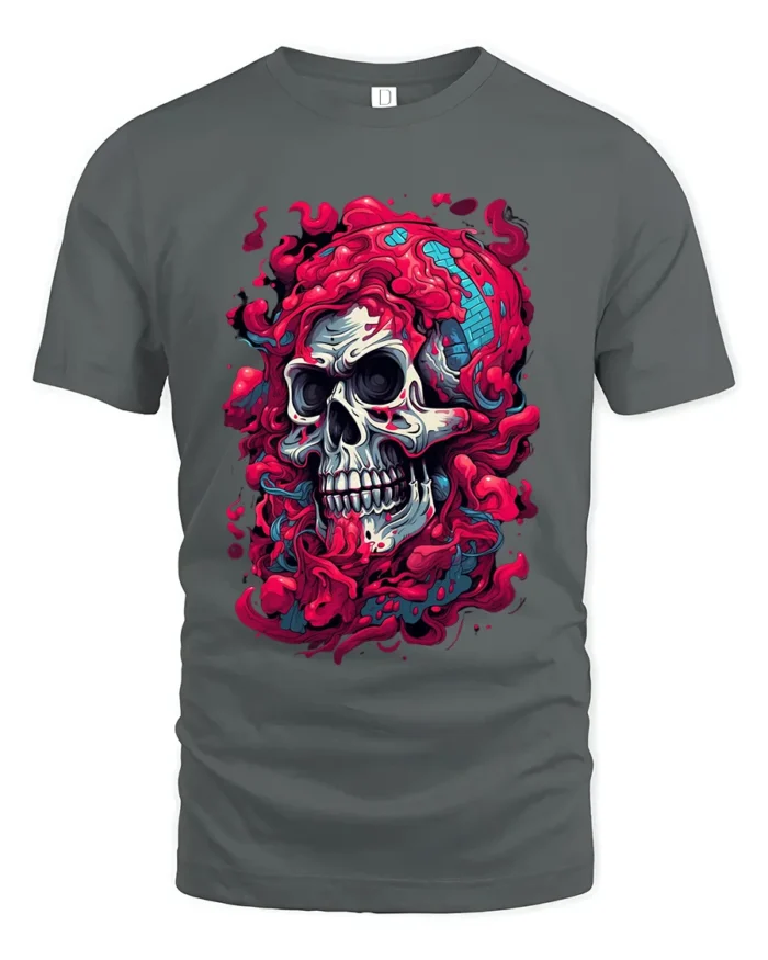 Dripping Skull Tee Abstract Colorful Skull T-Shirt for Edgy Style - gray t-shirt on white background