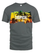 Tropical Sunset Palm Tree T-Shirt Island Vacation Beach Tee for Summer Vibes - gray t-shirt on white background