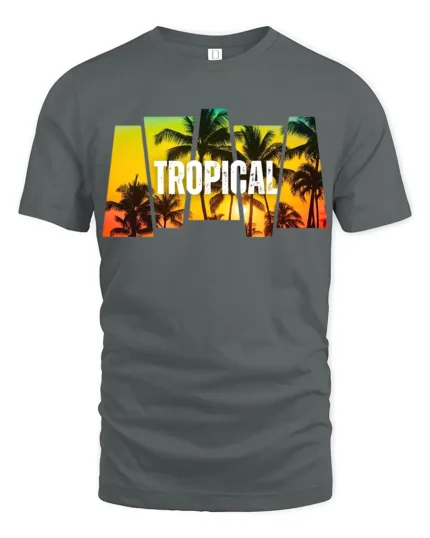 Tropical Sunset Palm Tree T-Shirt Island Vacation Beach Tee for Summer Vibes - gray t-shirt on white background