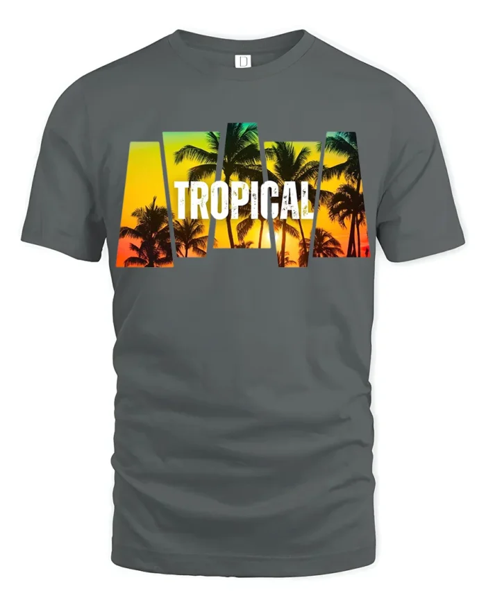 Tropical Sunset Palm Tree T-Shirt Island Vacation Beach Tee for Summer Vibes - gray t-shirt on white background