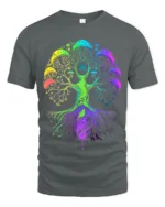 Psychedelic Shroom Chakra Tree Yoga Zen T-Shirt Colorful Fungi Forest Tee for US Explorers - gray t-shirt on white background