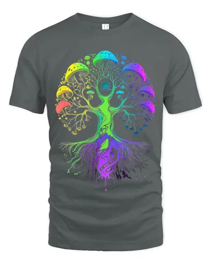 Psychedelic Shroom Chakra Tree Yoga Zen T-Shirt Colorful Fungi Forest Tee for US Explorers - gray t-shirt on white background