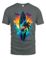Colorful Surf Vibes T-Shirt Palm Tree and Sunset Graphic Tee for Summer Days - gray t-shirt on white background