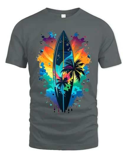 Colorful Surf Vibes T-Shirt Palm Tree and Sunset Graphic Tee for Summer Days - gray t-shirt on white background