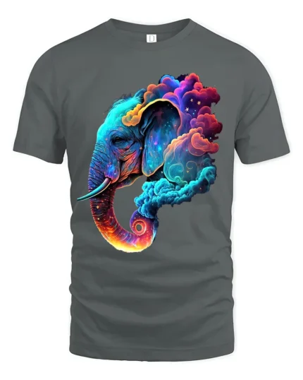 Cosmic Elephant T-Shirt Vibrant Animal Graphic Tee with Dreamy Galaxy Clouds - gray t-shirt on white background