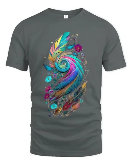 Colorful Feather Spiral  Artistic Floral Print Tee for Boho Style Lovers T-Shirt - gray t-shirt on white background