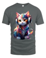 T-Shirt Music Cat Graphic Bright Artistic DJ Kitty Tee for Trendy Pet Fans - gray t-shirt on white background