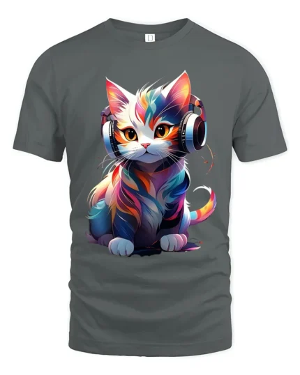 T-Shirt Music Cat Graphic Bright Artistic DJ Kitty Tee for Trendy Pet Fans - gray t-shirt on white background