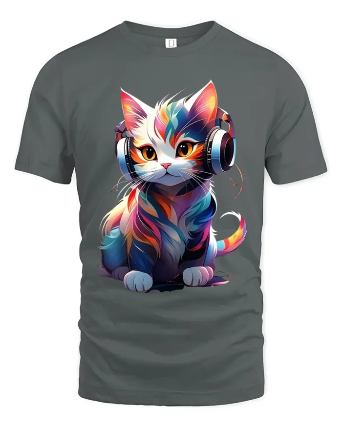 T-Shirt Music Cat Graphic Bright Artistic DJ Kitty Tee for Trendy Pet Fans - gray t-shirt on white background