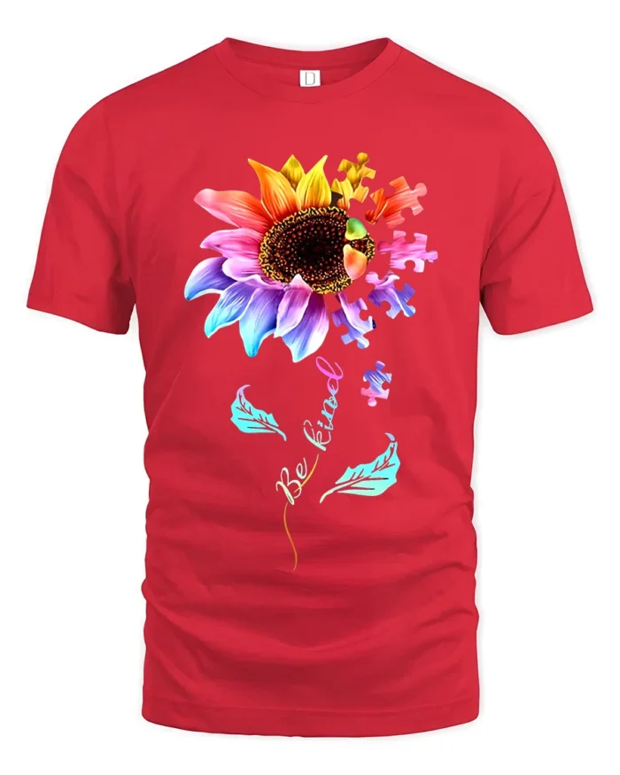 Be Kind Puzzle Sunflower T-Shirt Autism Awareness Graphic Tee for Kindness - red t-shirt on white background