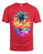 Vibrant Palm Sunset T-Shirt Abstract Tropical Beach Graphic Tee for Summer Vibes - red t-shirt on white background