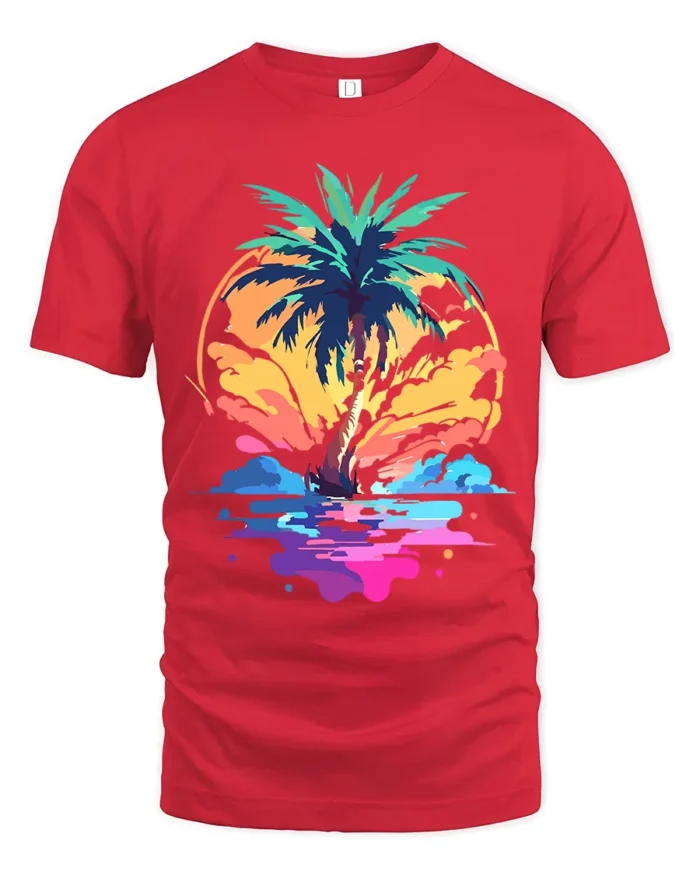 Vibrant Palm Sunset T-Shirt Abstract Tropical Beach Graphic Tee for Summer Vibes - red t-shirt on white background