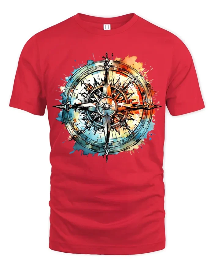 Watercolor Compass T-Shirt Artistic Nautical Travel Tee for Adventure Seekers - red t-shirt on white background