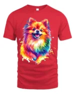 Colorful Pom Abstract Watercolor Pomeranian T-Shirt for Dog Fans - red t-shirt on white background