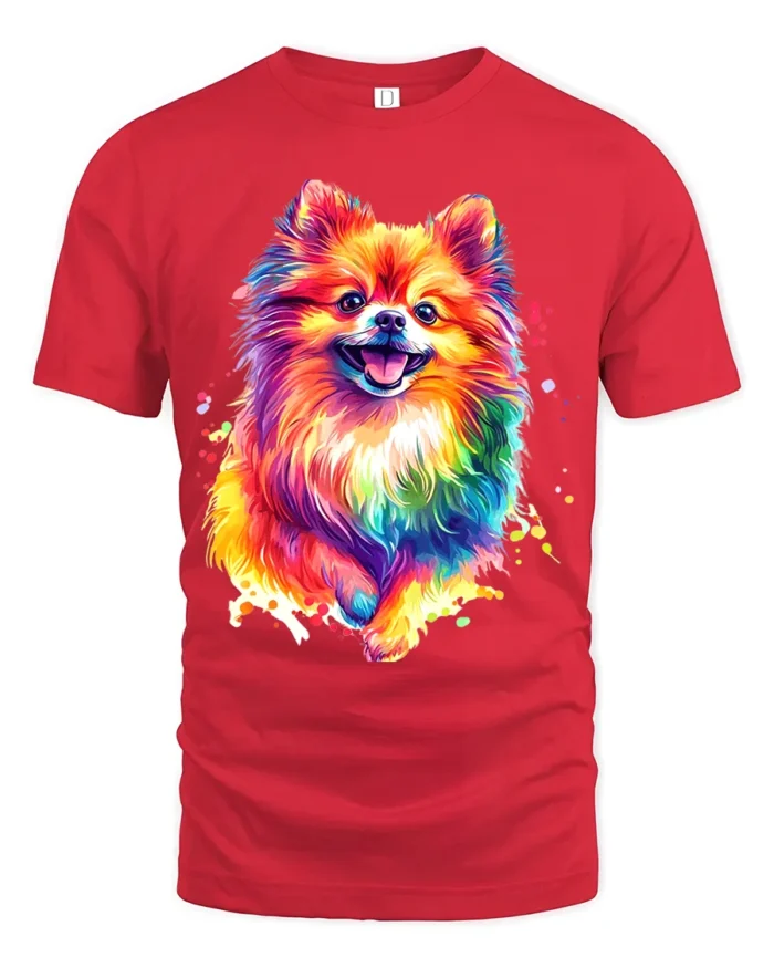 Colorful Pom Abstract Watercolor Pomeranian T-Shirt for Dog Fans - red t-shirt on white background