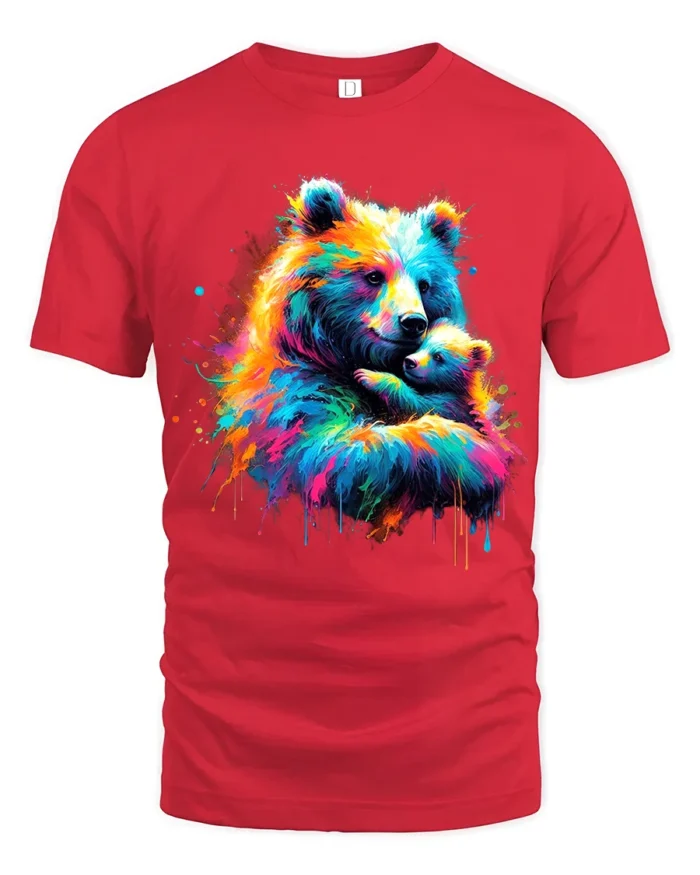 Colorful Bear Hug Tee Abstract Watercolor Mother and Baby Bear T-Shirt for US - red t-shirt on white background