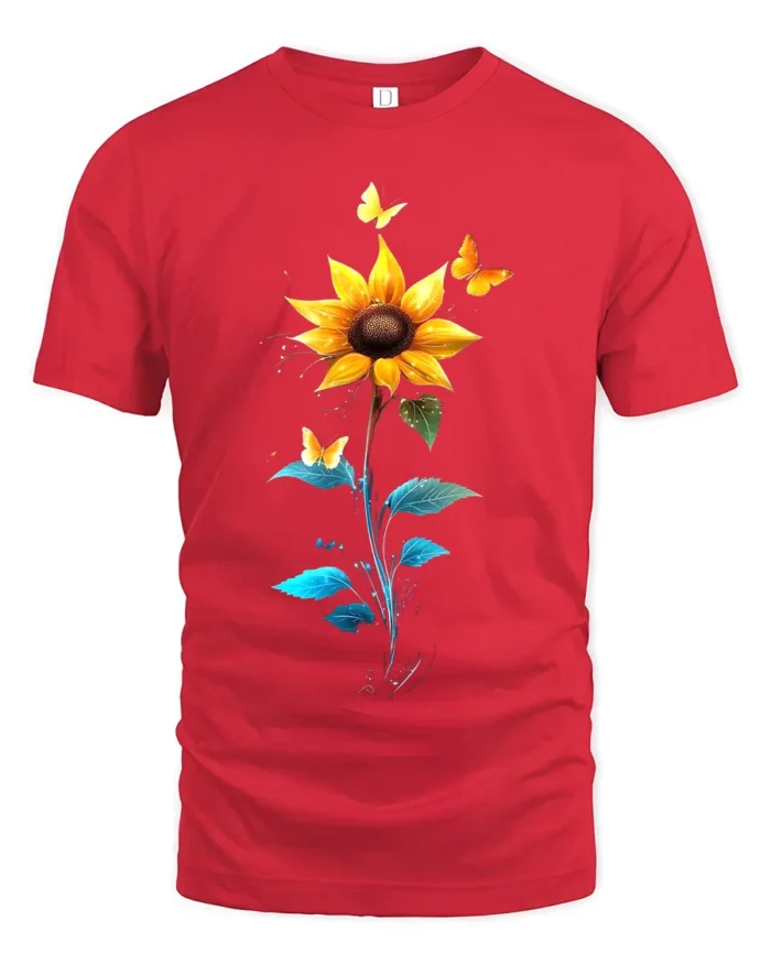Sunflower Butterfly Tee Vibrant Floral Insect T-Shirt for Nature Lovers - red t-shirt on white background