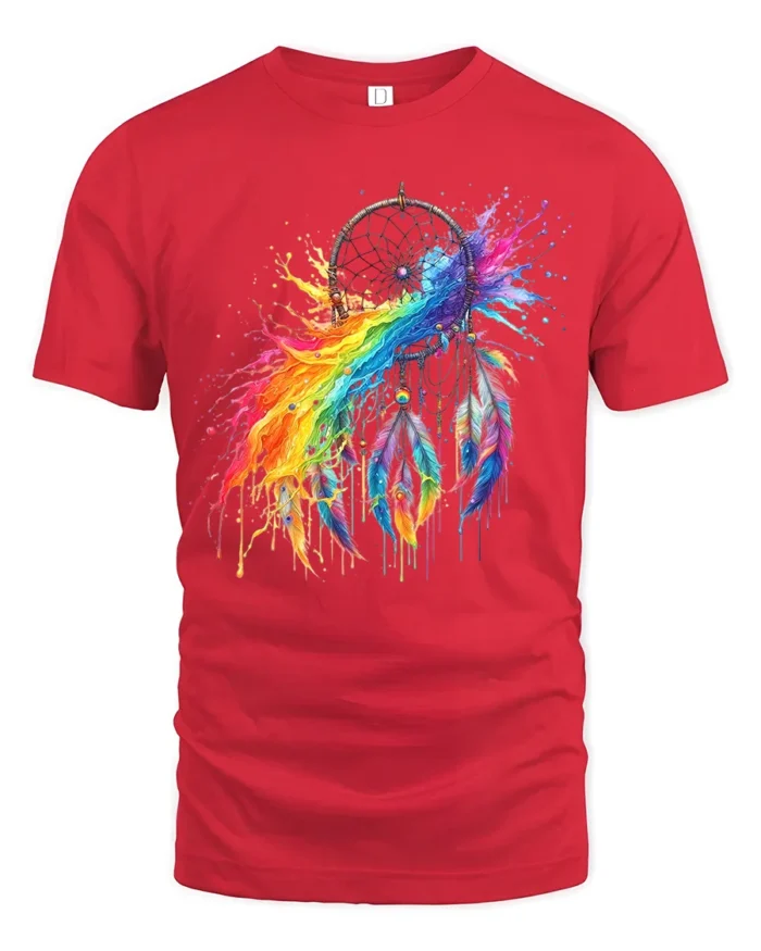 Watercolor Dreamcatcher T-Shirt Rainbow Feather Spirit Graphic Tee for Dreamers - red t-shirt on white background
