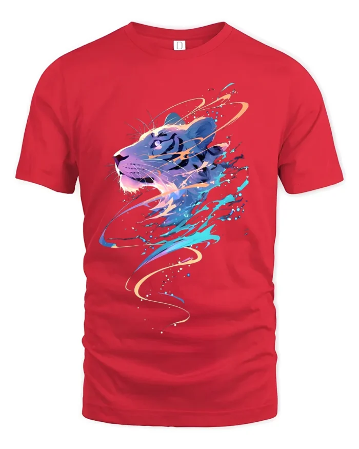 Colorful Tiger Graphic T-Shirt  Abstract Big Cat Art Tee for Bold Individuals - red t-shirt on white background