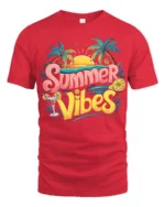 Cool Summer Vibes T-Shirt Retro Beach Sunset Tee with Palm Trees Drink - red t-shirt on white background