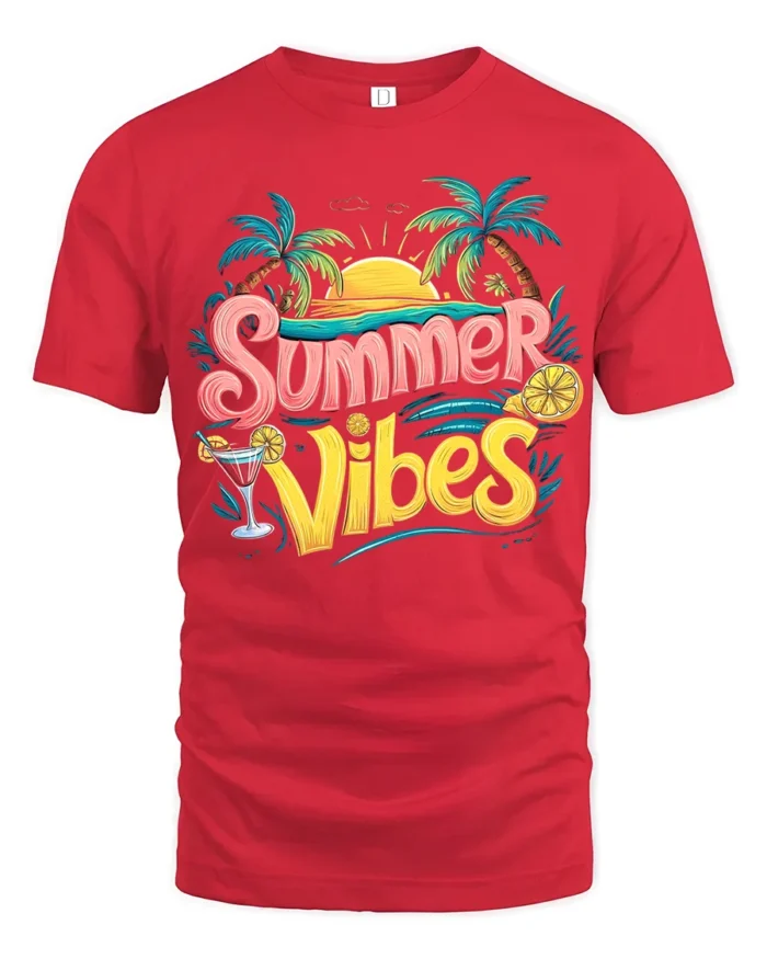 Cool Summer Vibes T-Shirt Retro Beach Sunset Tee with Palm Trees Drink - red t-shirt on white background