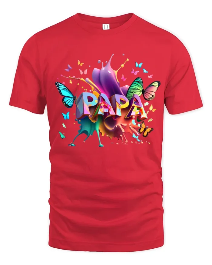 Colorful Papa Butterfly Tee Vibrant Father’s Day T-Shirt with Butterfly Art - red t-shirt on white background