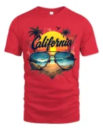 California Beach Vibes Tee Retro Sunset Sunglasses T-Shirt for West Coast Fans - red t-shirt on white background