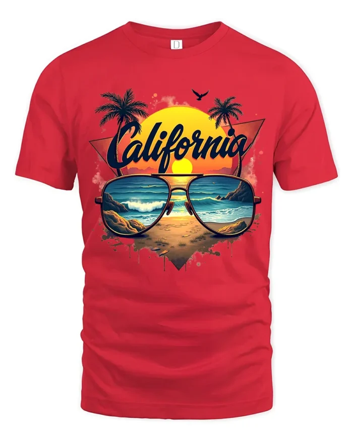 California Beach Vibes Tee Retro Sunset Sunglasses T-Shirt for West Coast Fans - red t-shirt on white background