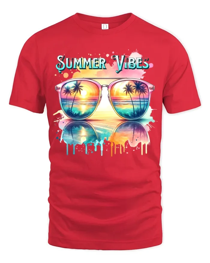 Summer Vibes Sunglasses Tee Tropical Beach T-Shirt for Sunshine Lovers - red t-shirt on white background