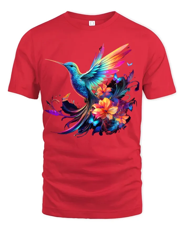 Rainbow Hummingbird Tee Vibrant Floral Butterfly T-Shirt for Nature Lovers - red t-shirt on white background