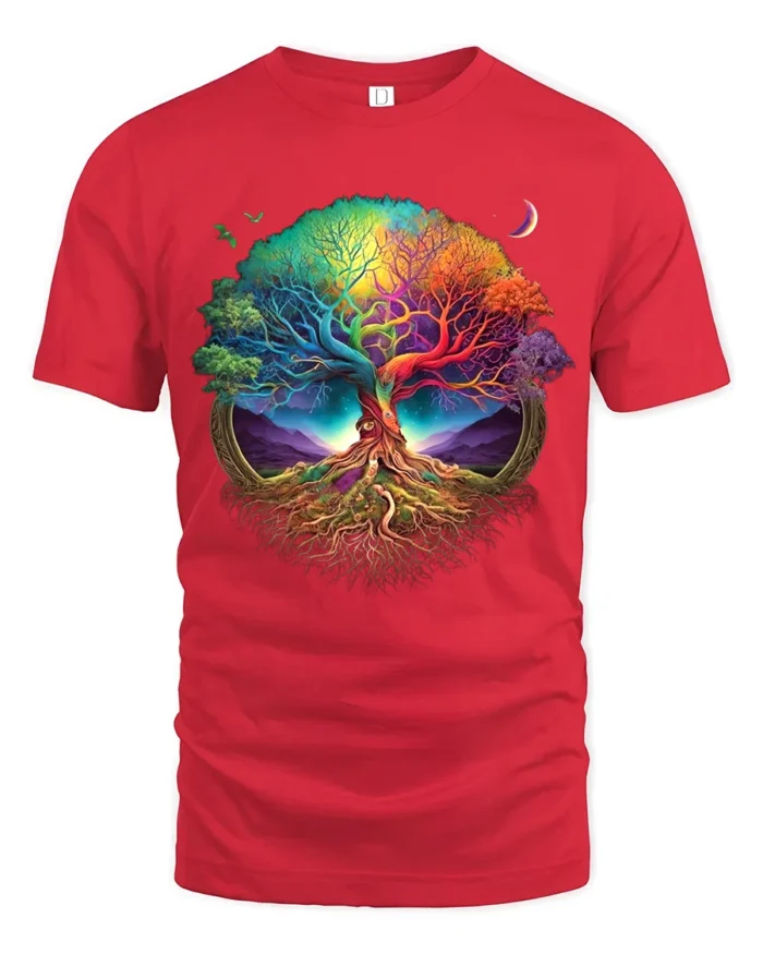 Vibrant Life Tree Yoga Zen Tee Rainbow Colored Spiritual Nature T-Shirt for All - red t-shirt on white background