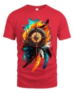 Nautical Feather T-Shirt Artistic Compass Graphic Tee for Explorers and Dreamers - red t-shirt on white background