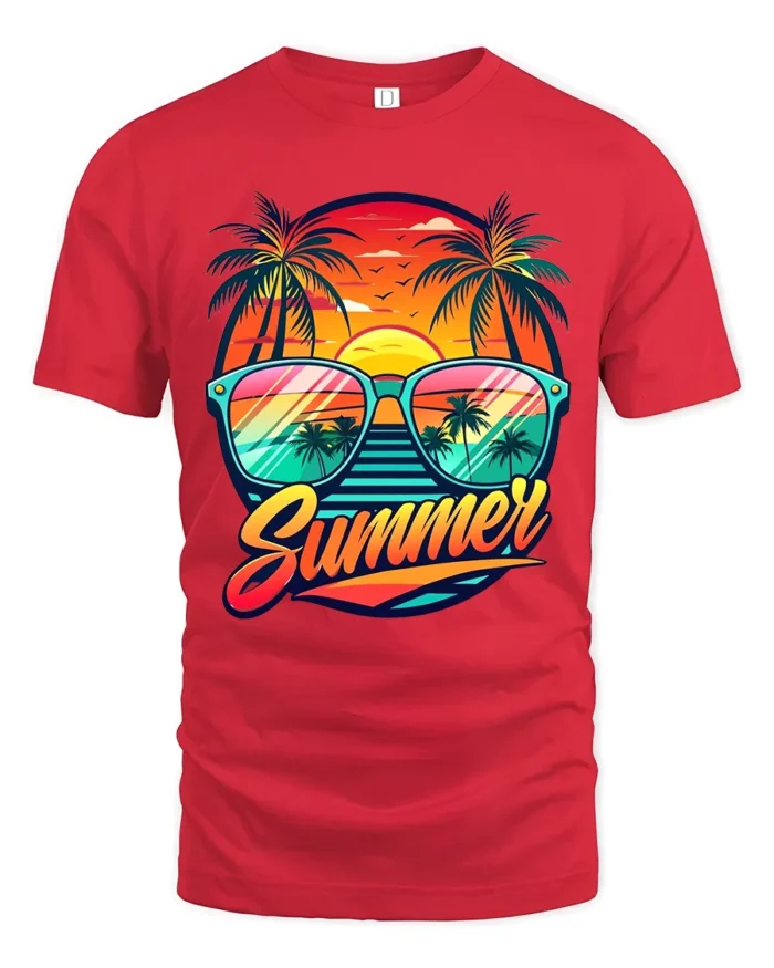 Retro Summer Vibes Tee Sunset Beach Sunglasses T-Shirt for Vacation Lovers - red t-shirt on white background