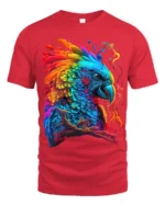 Colorful Parrot Explosion T-Shirt Vibrant Tropical Bird Tee for Summer Fun - red t-shirt on white background