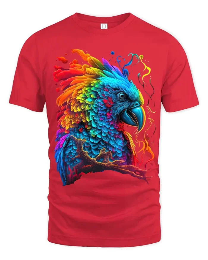 Colorful Parrot Explosion T-Shirt Vibrant Tropical Bird Tee for Summer Fun - red t-shirt on white background