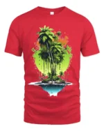 Tropical Island Reflection Tee Abstract Palm Tree Beach T-Shirt for Vacation - red t-shirt on white background