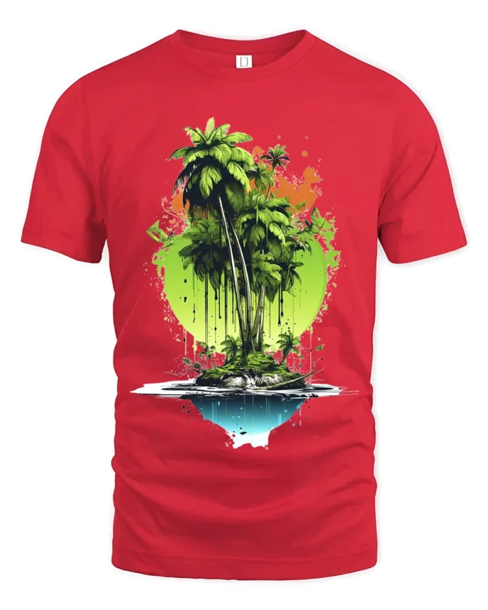 Tropical Island Reflection Tee Abstract Palm Tree Beach T-Shirt for Vacation - red t-shirt on white background