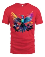 Vibrant Nature’s Flight Tee Rainbow Hummingbird with Flowers and Butterflies T-Shirt - red t-shirt on white background